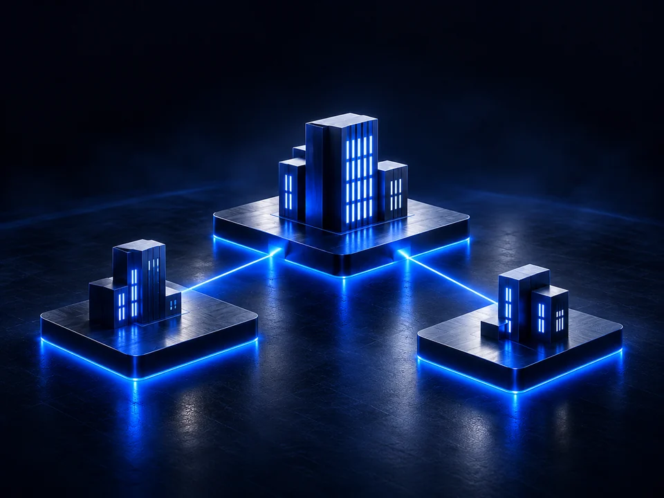 Blaue Lichtwege verbinden drei Plattformen mit abstrakten Gebäuden