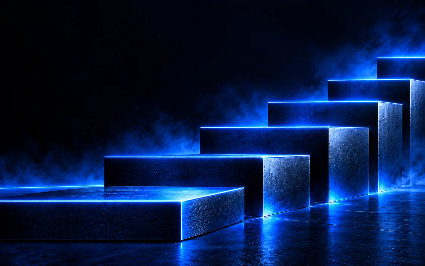Leuchtend blaue Stufen führen nach oben